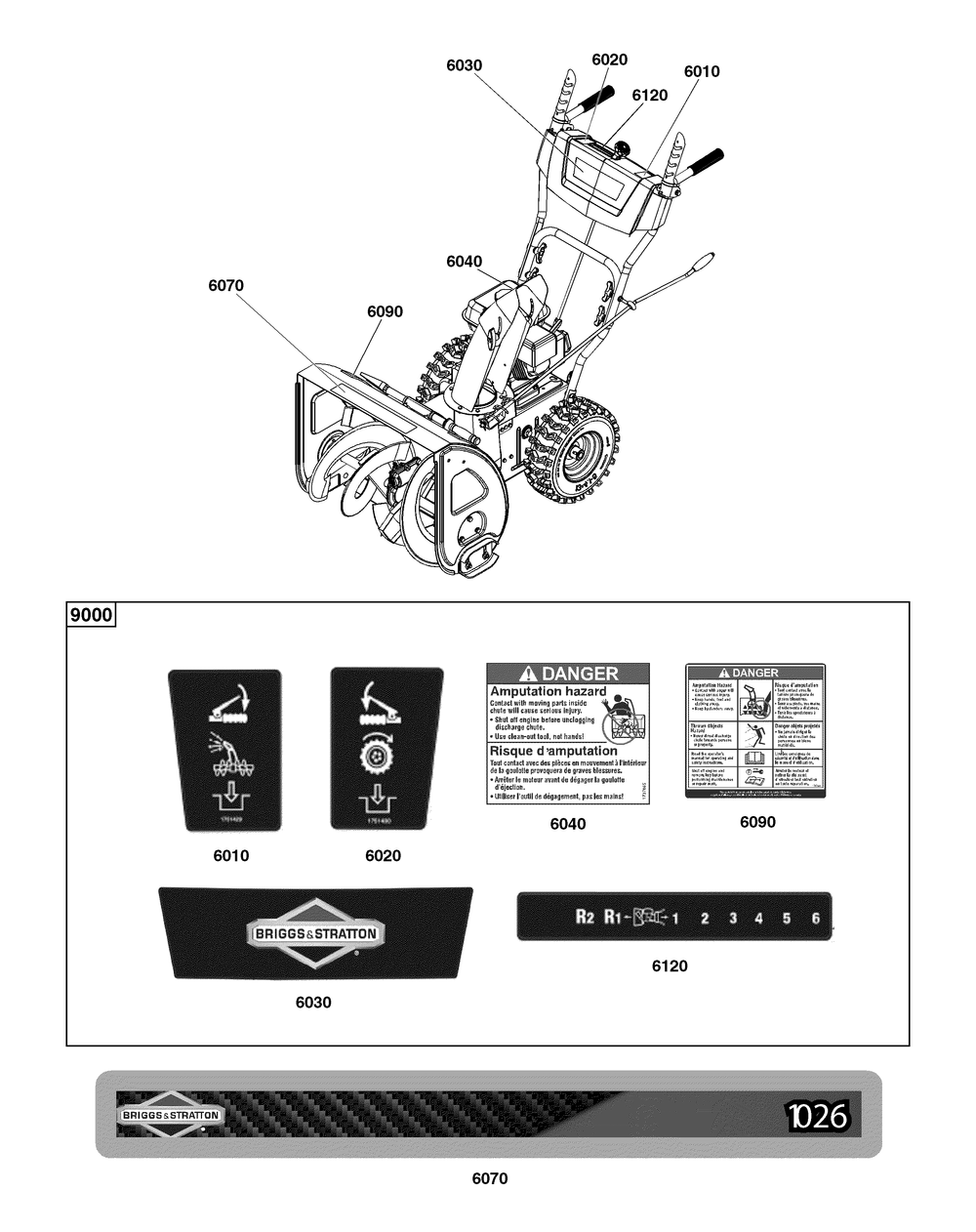 Decal Group Diagram and Parts List for 1697329-00-1026 2020 Briggs and Stratton Snow Blower